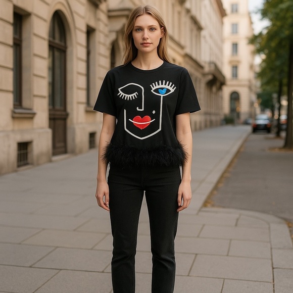 Black Graphic Face Top with Feather Trim - Picture 1 of 6